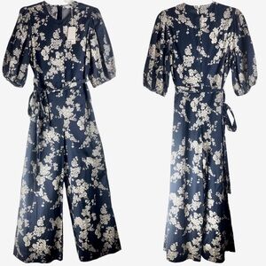 NEW Rebecca Taylor Gabrielle Floral Puff-Sleeve Jumpsuit Navy & Beige Sz 2